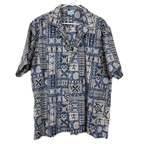 VTG Y2K Jade Fashions Made in Hawaii Aloha Shirt XL Blue Tribal Turtle Print - Picture 1 of 7